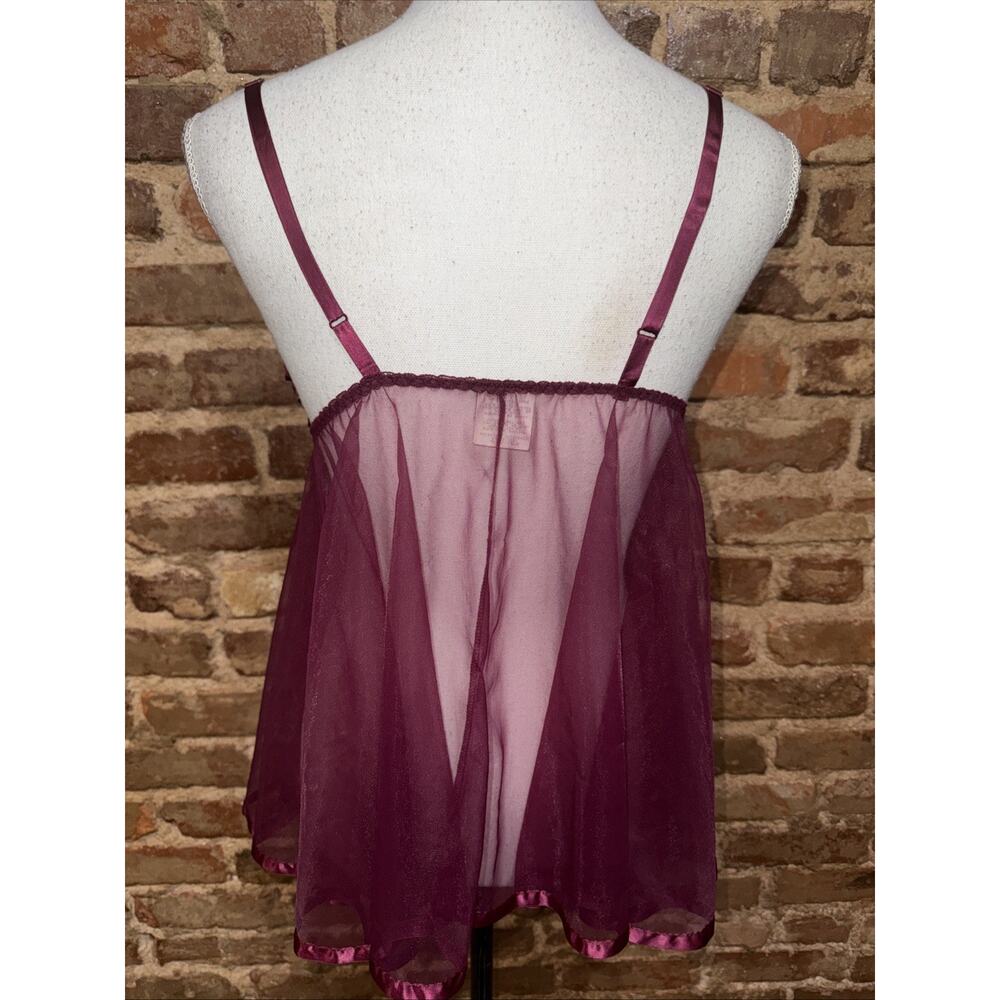 Frederick's Of Hollywood VTG Sheer Chiffon Lace Babydoll 80s Maroon Sz S Ribbon - Picture 4 of 9